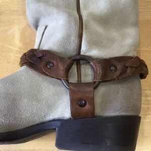 Frye Tan Suede and Brown Harness Boots